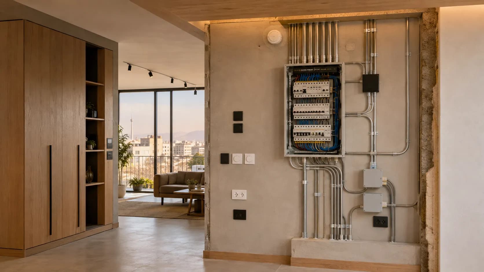 تابلو برق، مسیرهای کابل‌کشی، کلیدها و پریزهای یک واحد مسکونی معاصر در تهران