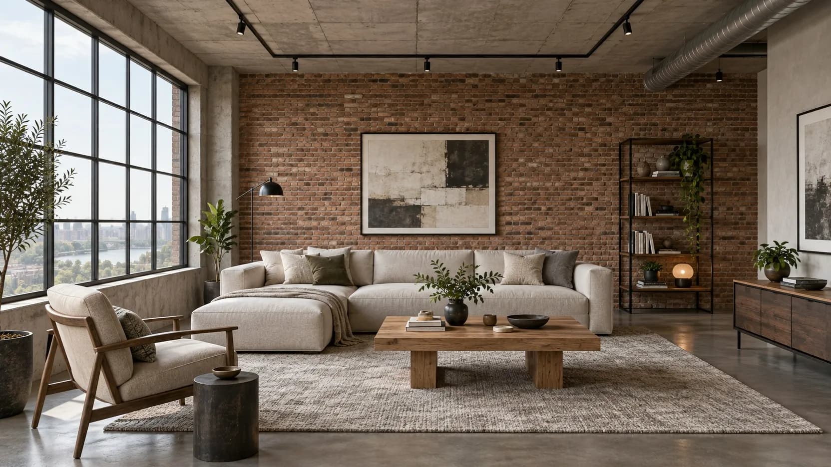 طراحی داخلی صنعتی با دیوار آجری، سقف بتن نمایان و مبلمان پارچه‌ای