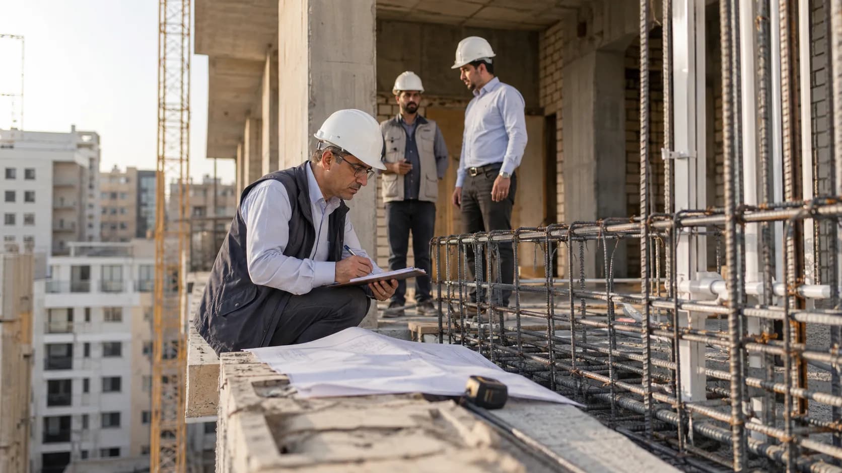 مهندس ناظر در حال کنترل آرماتورها، تأسیسات و تطبیق عملیات اجرایی ساختمان با نقشه‌های مصوب